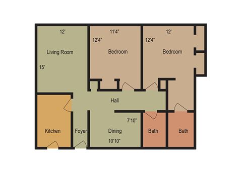 Floor plan for 2 beds, 2 baths, 1057 sqft